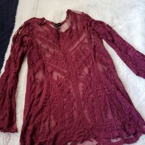 Burgundy Floral Lace Blouse with Bells Sleeves
